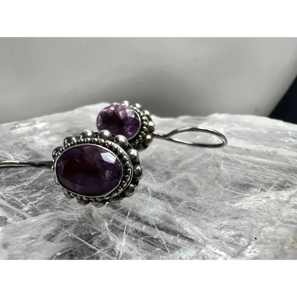 Vintage Balinese Sterling Silver Amethyst Drop Earrings Beaded Halo